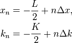 \begin{align}
x_n &= -\frac{L}{2} + n \Delta x, \\
k_n &= -\frac{K}{2} + n\Delta k
\end{align}
